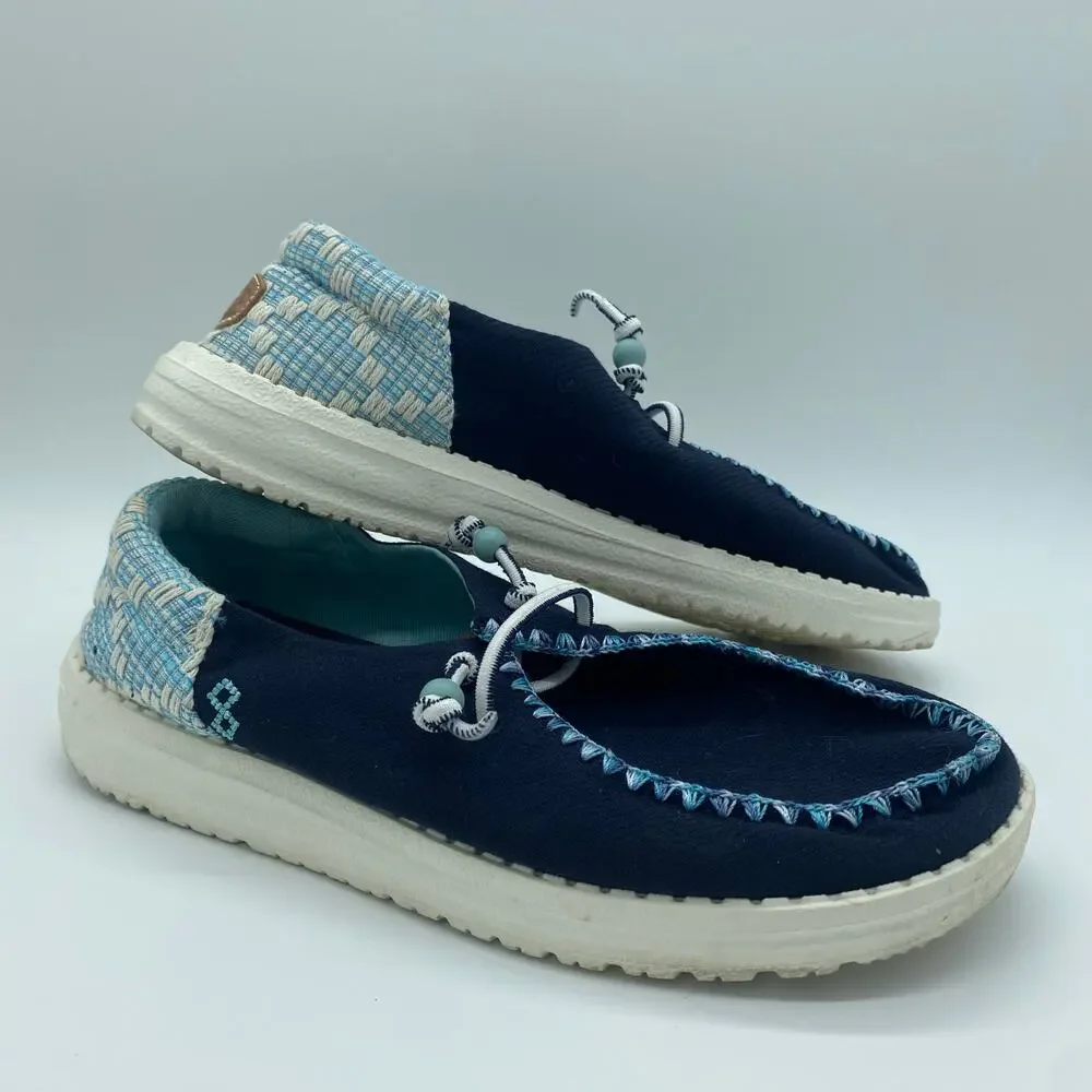 Hey Dude Navy Blue Wendy Funk Jacquard Slides Slip-On Easy Beaded Women's size 6